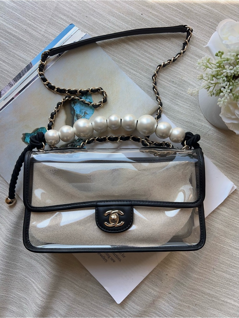 Chanel Lambskin PVC Sand By The Sea Flap With Pearl Strap Black